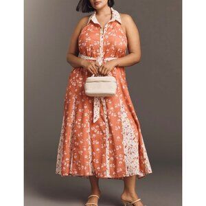 Maeve Anthropologie Halter Open-Back Sz XL Godet Midi Shirt Dress Orange Floral